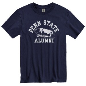 navy short sleeve t-shirt with Penn State arched above Nittany Lion Shrine and Alumni